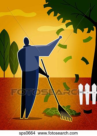 A man raking money tree View Large Illustration Stock Illustration - A man raking money tree. Fotosearch