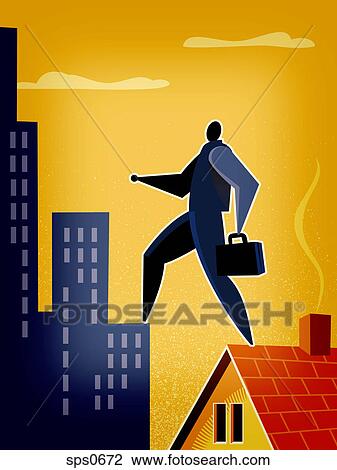 A man walking from the roof of a house to a high rise building View Large Illustration Drawing - A man walking from the roof of a house to a high rise building. Fotosearch