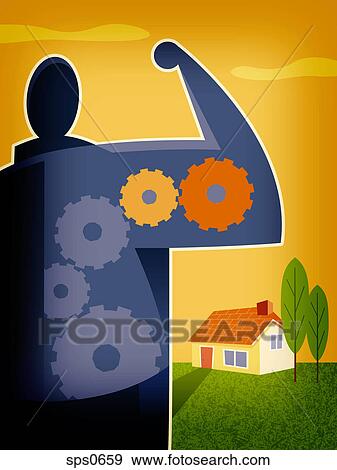 Stock Illustration - A man with gears for muscles. Fotosearch