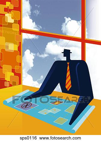 A businessman looking at blueprints View Large Illustration Stock Illustration - A businessman looking at blueprints. Fotosearch