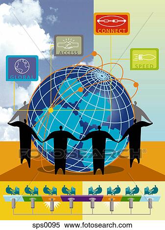 Stock Illustration - A drawing of people working around the globe. Fotosearch