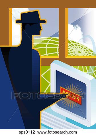 A man accessing via a touch screen View Large Illustration Drawing - A man accessing via a touch screen. Fotosearch