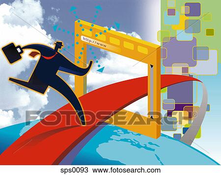 Drawing - A man jumping into a computer screen. Fotosearch