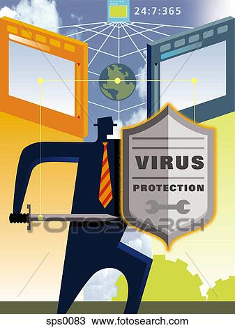 Drawing - An illustration of protection against computer virus. Fotosearch