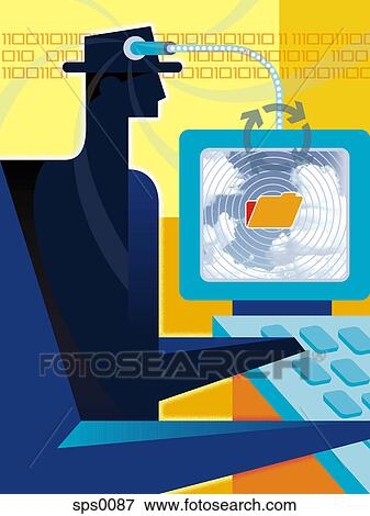 A cartoon drawing of the exchange of data using computer technology View Large Illustration Stock Illustration - A cartoon drawing of the exchange of data using computer technology. Fotosearch
