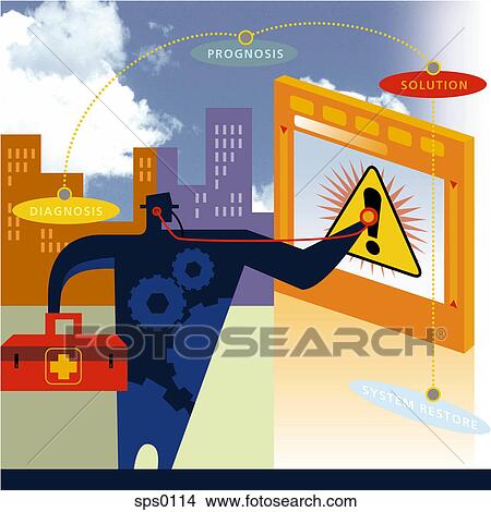Stock Illustration - A computer support technician working on a crashed system. Fotosearch