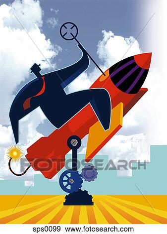 A man sitting on a rocket ship View Large Illustration Stock Illustration - A man sitting on a rocket ship. Fotosearch