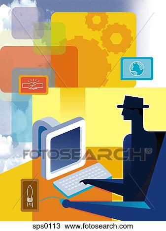 Drawing - A man working on his computer. Fotosearch