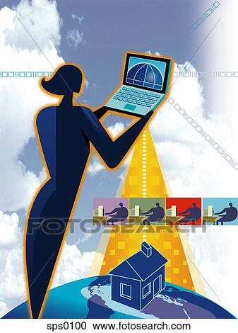 Clipart - A woman working from home. Fotosearch