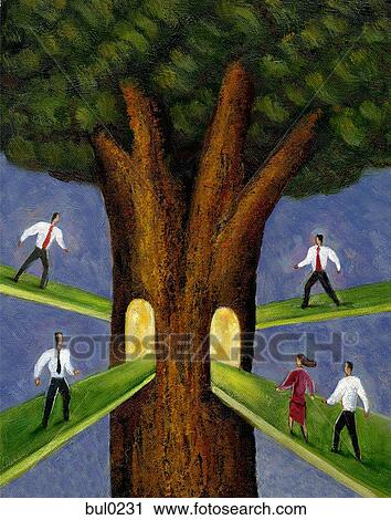 Clip Art - Business people walking down from different pathways towards trunk of tree. Fotosearch