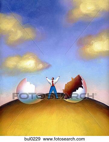 Businessman just emerged out of a broken egg View Large Illustration Stock Illustration - Businessman just emerged out of a broken egg. Fotosearch