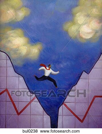 Stock Illustration - Businessman leaping over a gap in a torn line graph. Fotosearch