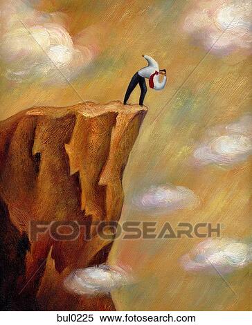 Businessman looking down over the edge of a cliff View Large Illustration Stock Illustration - Businessman looking down over the edge of a cliff. Fotosearch