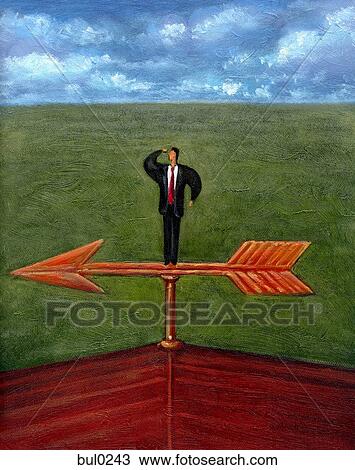 Businessman looking out into the distance while standing on the arrow of a weathervane View Large Illustration Drawing - Businessman looking out into the distance while standing on the arrow of a weathervane. Fotosearch
