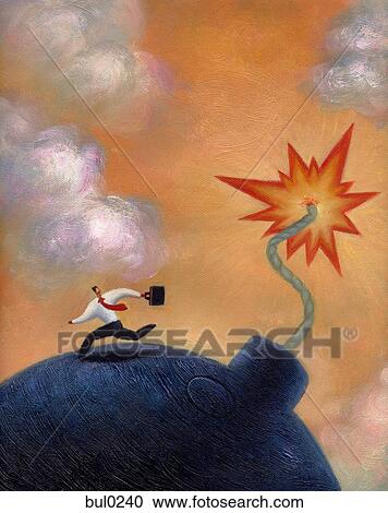 Clipart - Businessman running from a giant lit bomb. Fotosearch