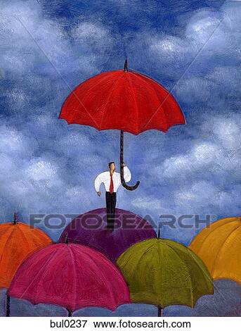 Stock Illustration - Businessman standing under red umbrella while standing atop several umbrellas. Fotosearch