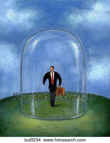 Stock Illustration - Businessman standing within a glass dome. Fotosearch