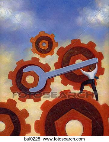 Businessman using a wrench to turn giant gears View Large Illustration Stock Illustration - Businessman using a wrench to turn giant gears. Fotosearch