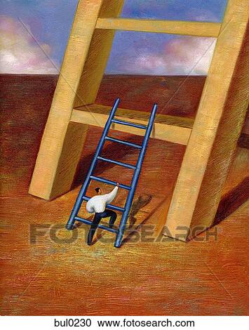Businessman using small ladder to climb onto a step of giant ladder View Large Illustration Clipart - Businessman using small ladder to climb onto a step of giant ladder. Fotosearch