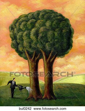 Drawing - Businessman watering a tree with two trunks. Fotosearch