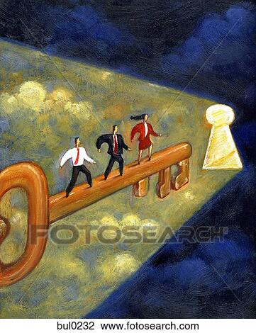 Drawing - Three business people standing on giant key that is leading to an illuminating keyhole. Fotosearch