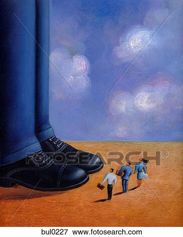 Stock Illustration - Three tiny business people standing at the feet of a giant man. Fotosearch