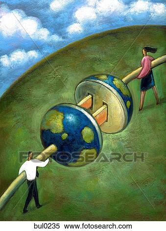 Two business people plugging giant cords together that fit into the shape of earth View Large Illustration Stock Illustration - Two business people plugging giant cords together that fit into the shape of earth. Fotosearch