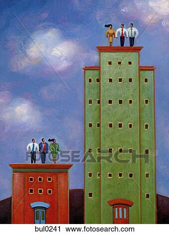 Two groups of business people standing on buildings of varying heights View Large Illustration Clip Art - Two groups of business people standing on buildings of varying heights. Fotosearch