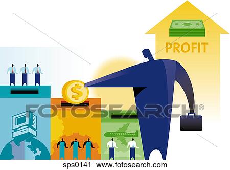 A businessman putting his profit into a slot for blue collar workers View Large Illustration Clip Art - A businessman putting his profit into a slot for blue collar workers. Fotosearch