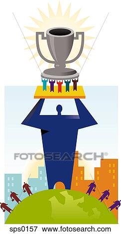 Stock Illustration - A huge man supporting a team of men who are carrying a trophy. Fotosearch