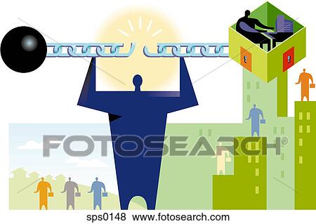 A man breaking a chain which connects an office worker to an iron ball View Large Illustration Stock Illustration - A man breaking a chain which connects an office worker to an iron ball. Fotosearch
