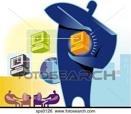 A man holding a computer connected to a network View Large Illustration Stock Illustration - A man holding a computer connected to a network. Fotosearch