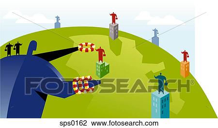 Drawing - A man with rubber rings rescuing his employees stranded on top of buildings. Fotosearch
