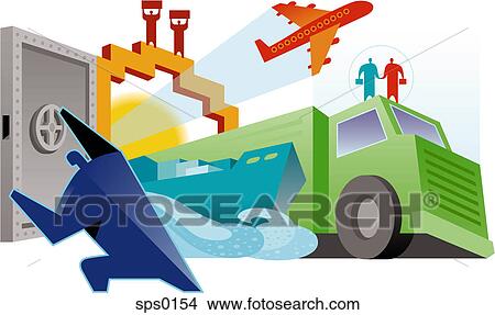 Stock Illustration - An illustration of land, sea and air transport. Fotosearch