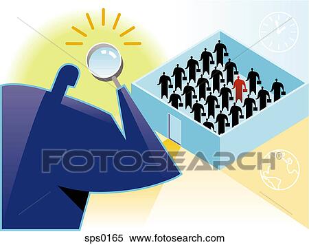 Big brother - a man looks through a magnifying glass at his employees View Large Illustration Stock Illustration - Big brother - a man looks through a magnifying glass at his employees. Fotosearch