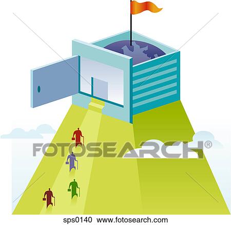 Clipart - Men walking towards a giant building. Fotosearch