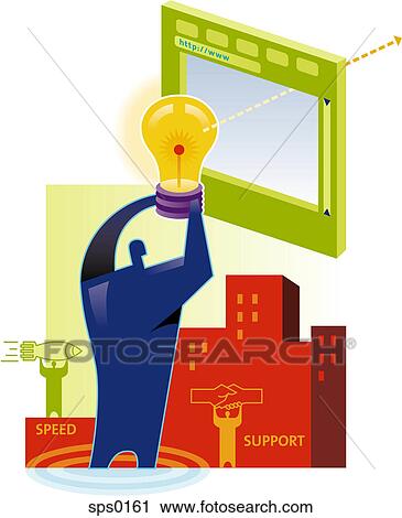 Online business idea - a man holds up a lightbulb in front of a screen View Large Illustration Clip Art - Online business idea - a man holds up a lightbulb in front of a screen. Fotosearch