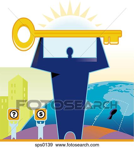 Stock Illustration - A man holding a giant key. Fotosearch
