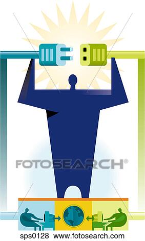Stock Illustration - A man holding the plugs from the computer terminals. Fotosearch