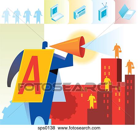 Stock Illustration - A man in sandwiche board using a loudspeaker to shout at people on tall building. Fotosearch