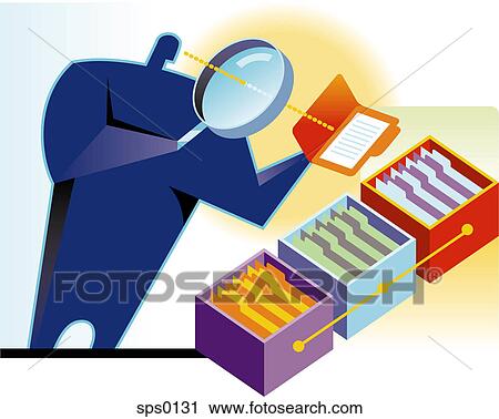A man looking at files using a magnifying glass View Large Illustration Clip Art - A man looking at files using a magnifying glass. Fotosearch
