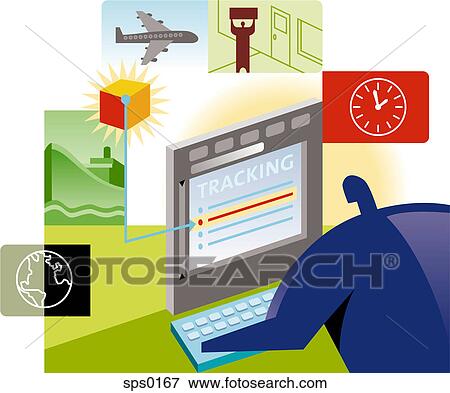 A man tracking shipments using a computer View Large Illustration Stock Illustration - A man tracking shipments using a computer. Fotosearch