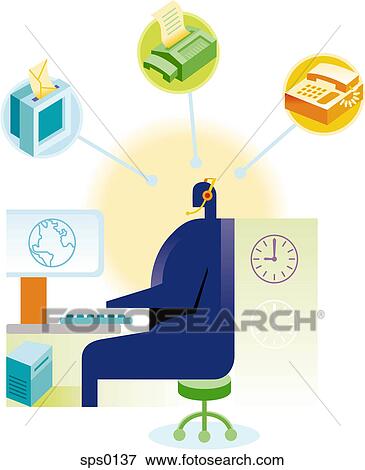 Stock Illustration - A user communicating via a phone, fax and email. Fotosearch