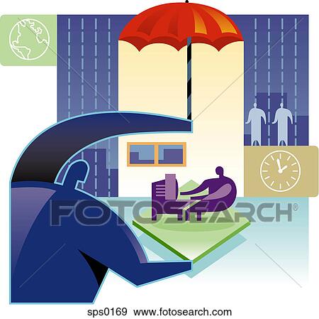 Illustration of Insurance - a man holds an umbrella over a working employee View Large Illustration Stock Illustration - Illustration of Insurance - a man holds an umbrella over a working employee. Fotosearch