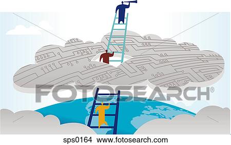 Stock Illustration - People climbing a ladder through a cloud, with the leader looking through a telescope. Fotosearch