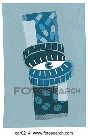 An eye in between two bottles of pills View Large Illustration Stock Illustration - An eye in between two bottles of pills. Fotosearch