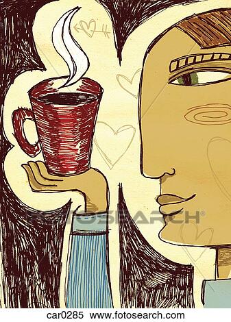 Stock Illustration - A man holding a red cup of steaming coffee in the palm of his hand. Fotosearch