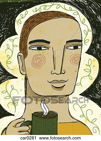 Clip Art - A man holding a steaming cup of coffee. Fotosearch