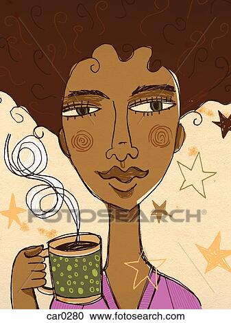 A woman holding a steaming cup of coffee View Large Illustration Clipart - A woman holding a steaming cup of coffee. Fotosearch