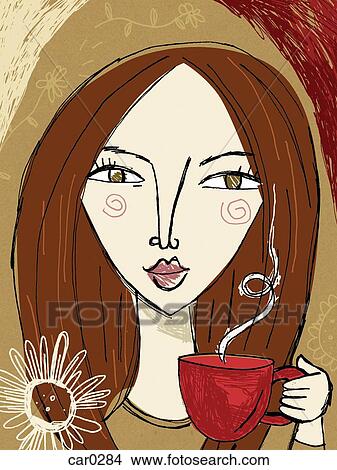 Drawings of A woman holding a red mug of steaming coffee car0284 ...